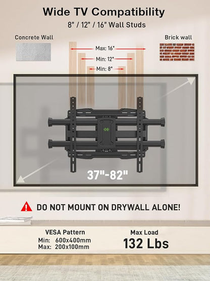 USX MOUNT Full Motion TV Wall Mount for Most 37-82 Inch TV up to 132lbs, TV Mount Articulating with Swivel, Tilt & Extension, Wall Mounts T V Bracket for VESA 600x400mm 400x300mm, Max 16" Wood Studs