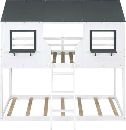 Ball & Cast Twin Over Twin Size Playhouse Bunk Bed with Roof and Window,Wood Bunkbed w/Full-Length Guard Rail & Ladder,Slat Support,Space Saving,Bedroom Furniture for Student Dorms,White
