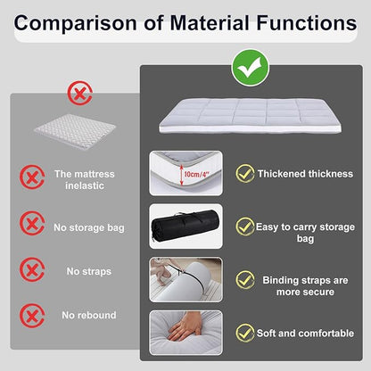 Tiita Memory Foam Mattress Topper Twin Size, 4" Thicken Futon Mattress with Storage Bag and 2 Straps, Portable Roll Up Travel Car Camping Mattress Floor Sleeping Pad, Grey