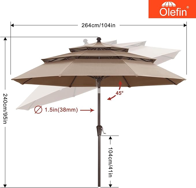 MASTERCANOPY 9ft 3-Tier Olefin Patio Umbrella with Tilt Crank, 5-Year-Non-Fading Canopy & 8 Fiberglass Ribs for Deck, Patio, and Garden, Light Gray & White