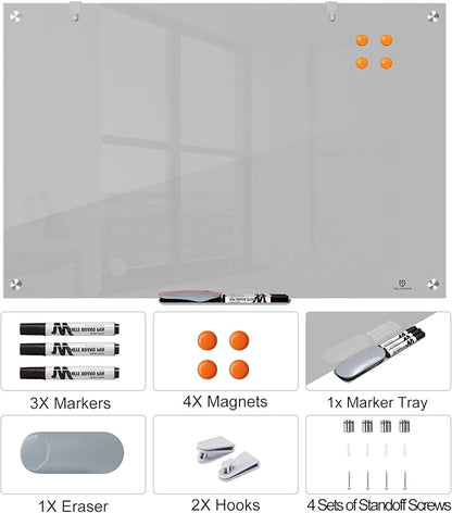TSJ OFFICE Glass Dry-Erase Board - 36 x 24 Inches Wall Mounted Magnetic Whiteboard, Large Frameless Glass White Board for Office, Home & School, Gray
