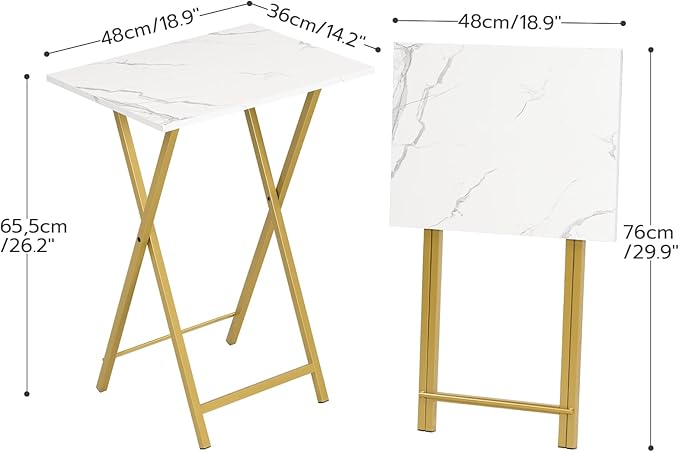 HOOBRO Folding TV Tray Tables, Set of 4 TV Trays with Storage Rack, Industrial Side Table for Eating at Couch, Foldable Snack Table for Small Space, Easy Assembly, Marble and Gold DM50BZ01