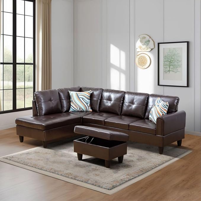 Brown L-Shaped 3-Piece Faux Leather Sofa with Storage Ottoman Set, Sectional Couch Sofa Set for Living Room, Office, Small Space