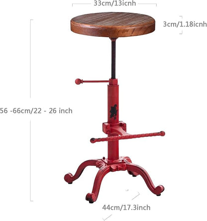 Topower Industrial Retro Vintage Farm Wooden Tractor Stool Kitchen Swivel Height Adjustable bar Stool (Antique Red)
