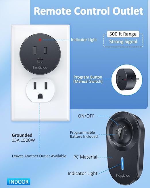 Remote Control Outlet,15A/1500W, 500 Feet RF Range Remote Light Switches Kit, No Wiring Needed Wireless Remote Outlet for Light, Small Electrical Appliance, with Anti-Surge 4000V, Black