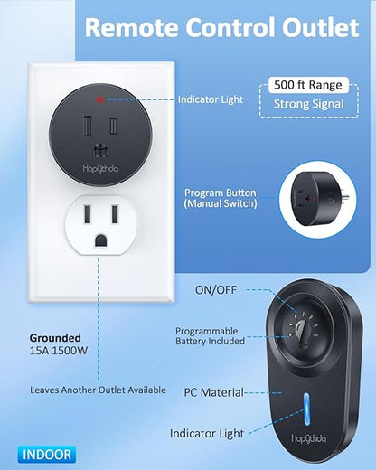 Remote Control Outlet,15A/1500W, 500 Feet RF Range Remote Light Switches Kit, No Wiring Needed Wireless Remote Outlet for Light, Small Electrical Appliance, with Anti-Surge 4000V, Black
