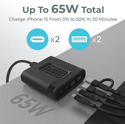BLACK+DECKER USB C Fast Charger 65W 4 Port Type USB C Charging Station Hub Block TypeC Wall Charger Power Strip Adapter Plug 2 USBC 2 USBA for iPad iPhone 17 16 15 14 Pro Max Pixel Note Galaxy, Black