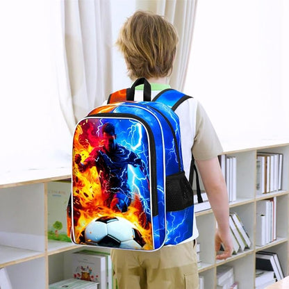 gxtvo 3PCS Soccer Backpack for Kids, 17" Boys School Bookbag with Lunch Box, Water Resistant Lightning Bag Middle Elementary - Fire & Lightning Soccer Player