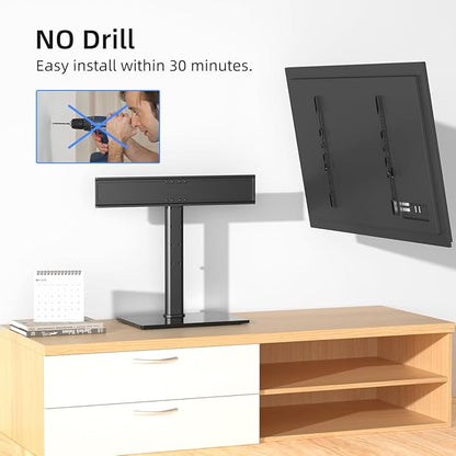 Suptek Reinforced Universal TV Stand for Large TVs in 37-75 inch, Upgraded Height Adjustment Table Top Tall TV Stand Mount, Heavy Duty TV Replacement Stand with Tempered Glass Base Up to 99lbs, TS203