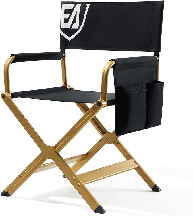 EVER ADVANCED Aluminum Directors Chair, Folding Studio Movie Chairs Camping Event Vendor Chair, 19" Seat Height Black Fabric/Golden Frame, Support 350lbs