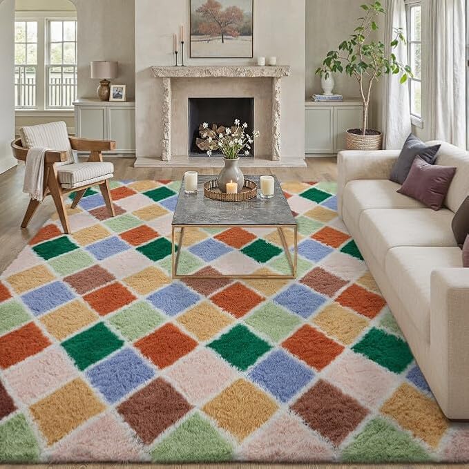 8x10 Checkered Rug for Living Room Colorful Modern Soft Area Rug Fluffy Non-Slip Carpet for Bedroom Playroom Home Aesthetic Decor