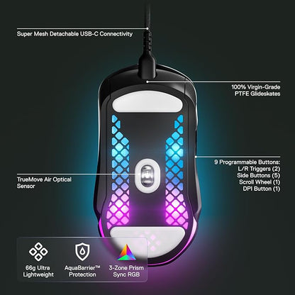 SteelSeries Aerox 5 - Holey RGB Gaming Mouse - Ultra-lightweight Water Resistant Design - 18K DPI TrueMove Air Optical Sensor