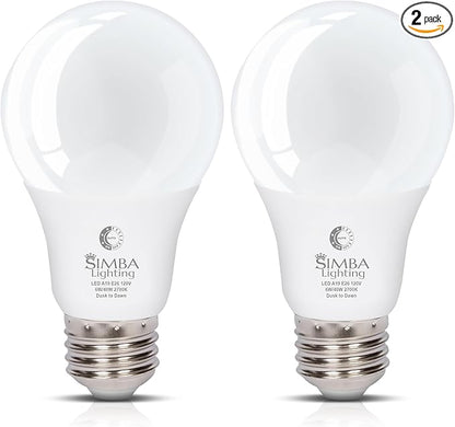 Simba Lighting LED Outdoor Light Bulbs with Photocell Sensor Dusk to Dawn Smart Auto On and Off (2 Pack) A19 6W 40W Replacement for Porch, Night Light, Garage Door, E26 Medium Base, 2700K Warm White