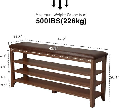 Shoe Bench with Leather Cushion, 3 Tiers Shoe Storage Bench Height Adjustable, Walnut Wood Entryway Bench for Hallway, Mudroom