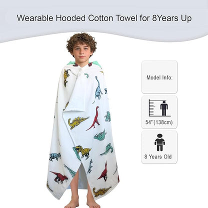 VOOVA & MOVAS Dinosaur Hooded Towels for Teens & Big Kids 8Years Up | Soft, Absorbent 100% Cotton Towel Wrap for Boys | Beach, Pool, Swim & Bath Cover-Up