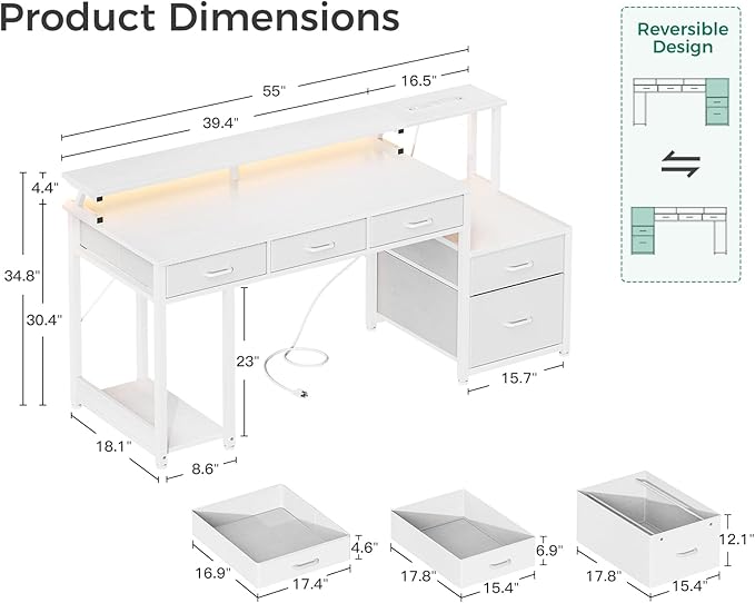 AODK 55 Inch Computer Desk with 3 Drawers and File Cabinet for Storage, Office Desk with Monitor Stand and LED Lights, Home Office Desks, White