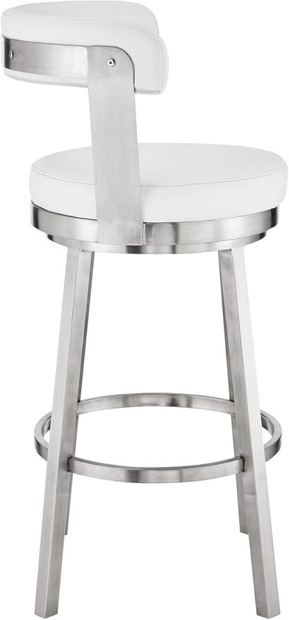 Armen Living Bryant Modern 30" Seat Height White Faux Leather and Brushed Stainless Steel Metal Swivel Bar Stool for Kitchen Island Counter