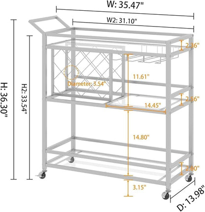 FATORRI Bar Cart Silver, Bar Carts for The Home, Home Bar Serving Carts for Liquor, Rolling Wine Cart with 3 Tier Mirrored Shelves on Wheels for Alcohol and Beverage (Silver)