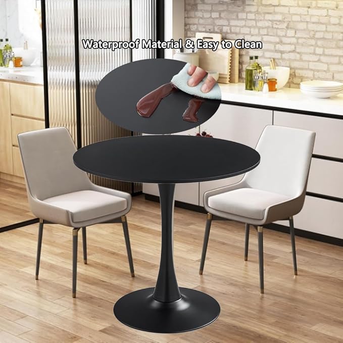 31.2" Tulip Dining Table, Black, Perfect for 2-4 People, Mid-Century Modern Style, Round MDF Top with Sturdy Base for Dining Room, Living Room, Cafe
