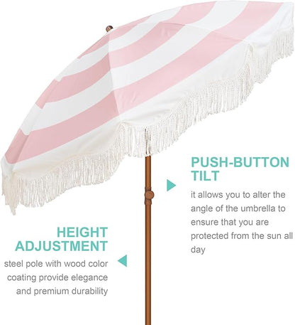 AMMSUN Boho Fringe Umbrella with Outdoor Blanket, 6.5ft UPF50+ Picnic Umbrella with Tassels with Steel Pole & Push Button Tilt, Pink Stripes