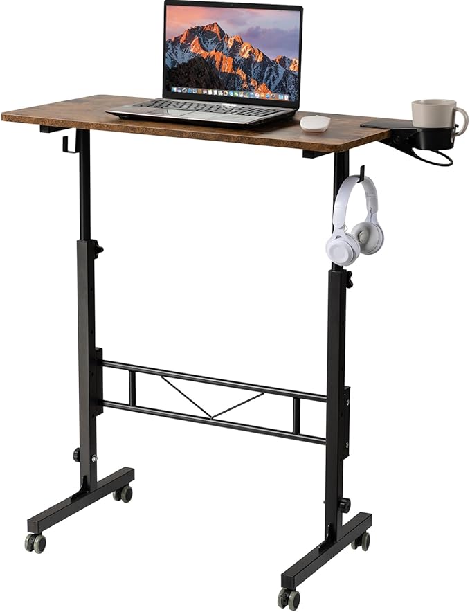 SIDUCAL Standing Desk Adjustable Height, Small Mobile Stand Up Desk with Wheels, Portable Computer Desk for Walking Pad, Rolling Table for Home Office Classroom, Rustic Brown