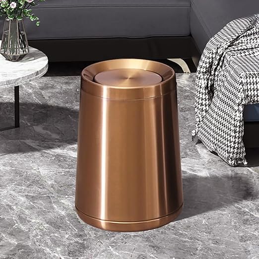 10 L/2.6Gallen,Swing Lid Gold Brass Trash Can,Brushed Nickel Garbage Can Bathroom with Flipping Lid,for Bathroom, Living Room,Bedroom,Hotel (Rose Gold)