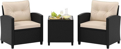 Tangkula 3 Piece Patio Furniture Set, Rattan Conversation Set w/Soft Seat & Back Cushions, Tempered Glass Topped Coffee Table, Cushioned Wicker Seating Set for Backyard, Porch, Poolside (Beige)