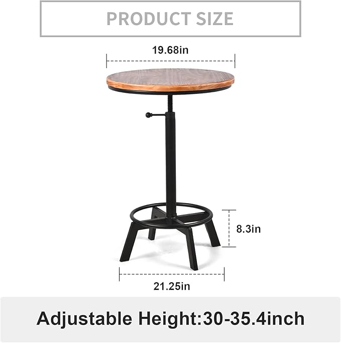 Farmhouse Bar Table 30-35.4inch Height Adjustable Rustic Bistro Pub Table for Kitchen Coffee House Vintage Cocktail Table Swivel Wooden Top