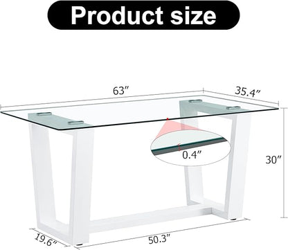 63" Modern Glass Dining Table with Rectangular Tempered Tabletop,Dinner Desk Set for 6-8 People W/Trapezoid Bracket,for Home,Kitchen,Dining Room,Office,White+Clear Finish