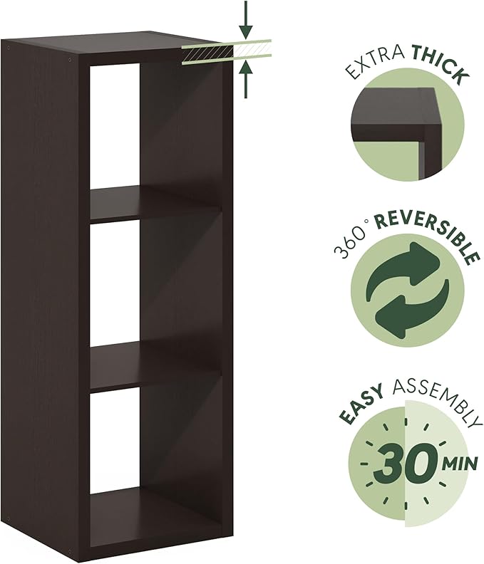 Furinno Cubicle Open Back Decorative Cube Storage Organizer, 3-Cube, Black Dark Oak