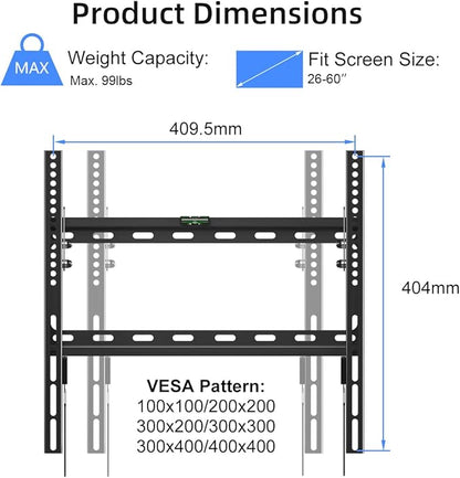 Suptek Tilt TV Wall Mount for Most 26-60 inch LED, LCD and Plasma TV, Max 400x400mm VESA and 99lbs Load Capacity, Fits Studs 16" Apart, Low Profile