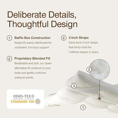 Coop Home Goods Essence Down Alternative Mattress Topper Twin, Plush 2-Inch Gusset and Baffle Box Design for Even Support and Comfort, Premium Bed Topper for Pressure Relief, Oeko-TEX Certified