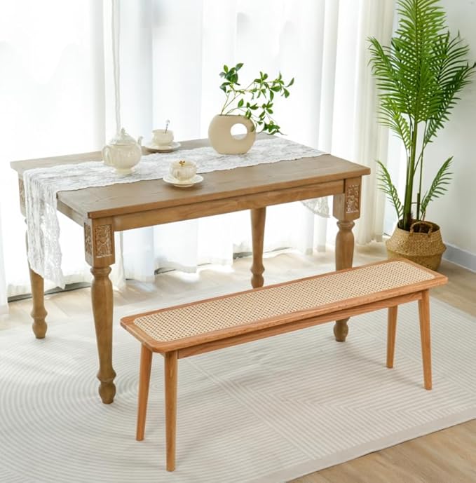 Entryway Bench, Solid Wood Dining Bench, Midcentury Modern End of Bed Bench with Rattan Woven Top for Bedroom, Kitchen, Entry Way, 47.2" L x 11.2" W x 17.7" H, Natural