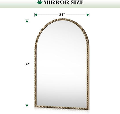 Arched Beaded Mirror for Bathroom, 24"x32" Antique Gold Arch Vanity Wall Mirror, Retro Brass Metal Frame Champagne Bronze Mirrors for Bedroom Dressing Room Entryway Fireplace