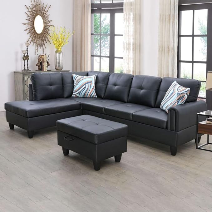 Black White L-Shaped 3-Piece Faux Leather Sofa with Storage Ottoman Set, Sectional Couch Sofa Set for Living Room, Office, Small Space