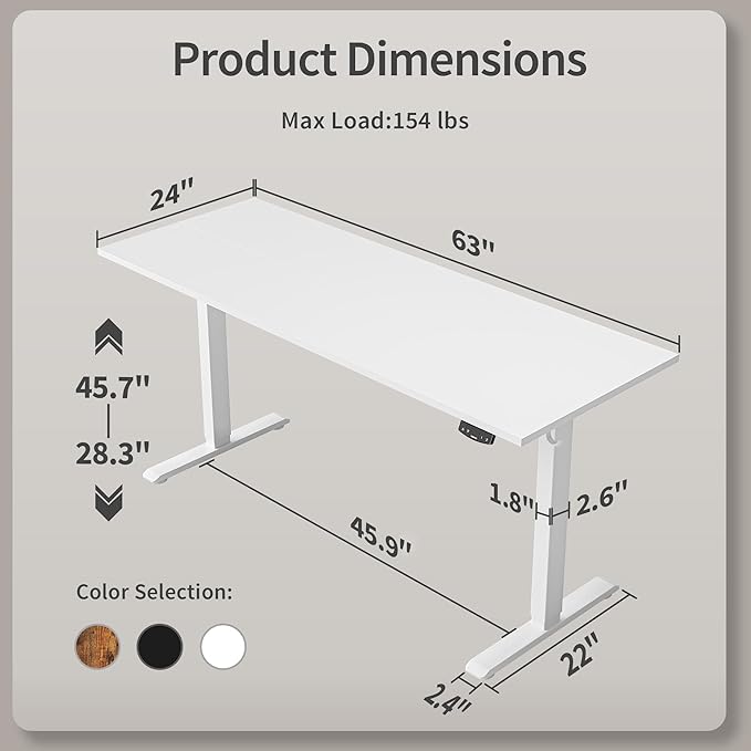 Agilestic Electric Standing Desk, Large 63 x 24 Inches Height Adjustable Desk, Sit Stand up for Work Office Home, Ergonomic Rising Computer Table with Memory Preset, White