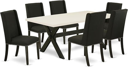 East West Furniture X627FL624-7 7 Piece Modern Dining Table Set Consist of a Rectangle Wooden Table with X-Legs and 6 Black Linen Fabric Upholstered Chairs, 40x72 Inch, Multi-Color