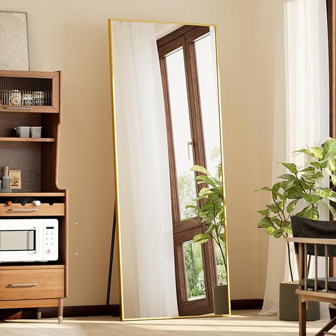 BEAUTYPEAK Full Length Mirror with Stand, 56"x21" Floor Mirror with Aluminum Alloy Thin Frame, ShatterVue Tempered Full Body Mirrors, Free Standing or Wall-Mounted Mirrors for Living Room, Gold