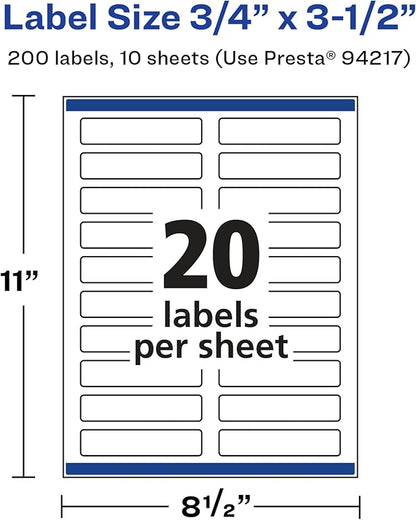 Avery Glossy White Rectangle Labels, Sure Feed Technology, 0.75" x 3.5", 200 Glossy White Labels, Print-to-The-Edge, Permanent Adhesive, Laser/Inkjet Printable