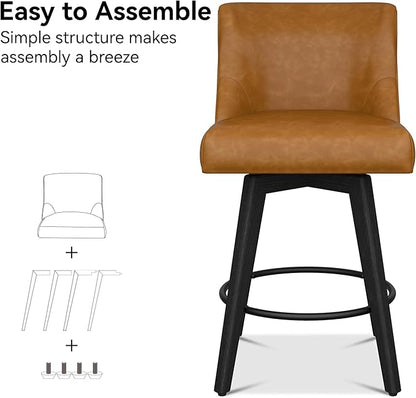 Counter Height Bar Stools Set of 8, Modern Swivel Barstools with Back and Wood Legs, Faux Leather Upholstered Bar Chairs, 26" H Kitchen Counter Stools, Kitchen Island Home Bar, Whisky Brown