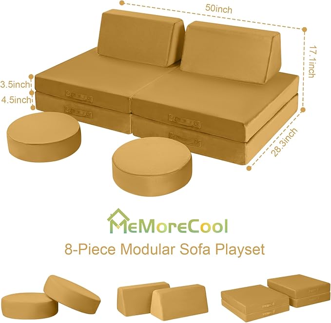 MeMoreCool Modular Kids Couch Sofa, Mustard 8-Piece Convertible Foam Play Couch Set for Toddlers and Playroom