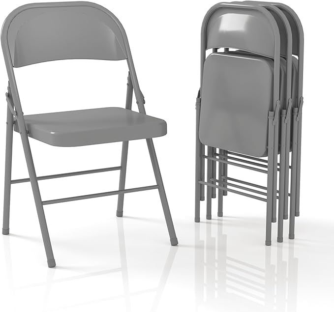 Metal Folding Chairs Steel Frame with Double Hinged for Office Kitchen Dinning Wedding Patio and Garden,No Assembly, Set of 4, Grey