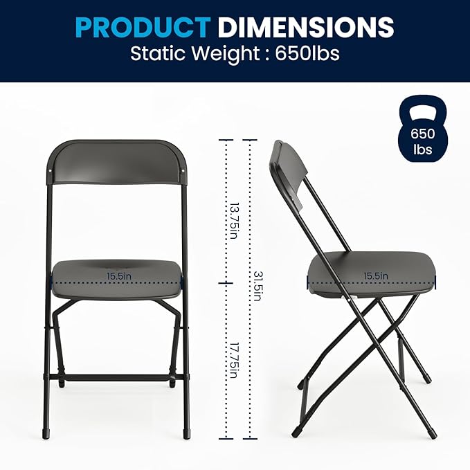 Flash Furniture Hercules Series Plastic Folding Chairs for Parties and Weddings, Stackable Commercial Event Seats with 650-lb. Static Weight Capacity, Set of 4, Black