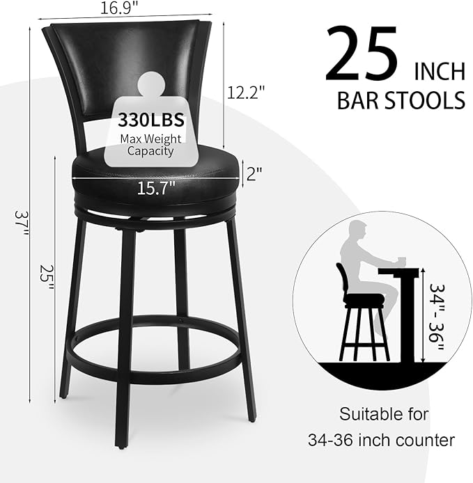 Bar Stools, 25 Inch Metal Counter Height Barstools Set of 2, Faux Leather Round 360° Swivel Bar Chairs with Backrest, Modern Swivel Bar Stool for Kitchen Island, Black