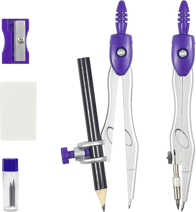 10 Pieces Math Geometry Kit Set Student Supplies with Shatterproof Storage Box,Includes Rulers,Protractor,Compass,Eraser,Pencil Sharpener,Lead Refills,Pencil,for School and Drawings（Purple）