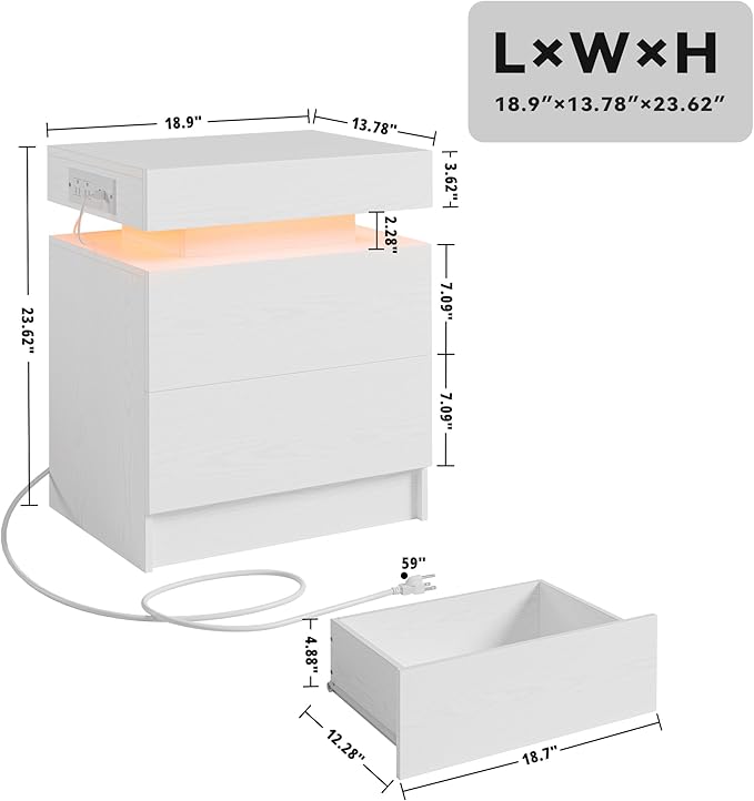 LIKIMIO Night Stand Set of 2, Modern White Nightstand with with Charging Station, Bedside Tables with LED Light and Drawers, End Table for Bedroom