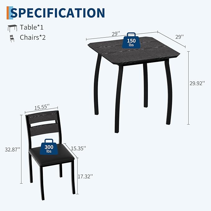 Small Dining Table Set for 2,3-Piece Kitchen Table Set with Thick Wood Grain Tabletop & 2 Upholstered Chairs & Metal Frame, Compact Table Set for Small Spaces, Kitchens & Dining Rooms (Black)