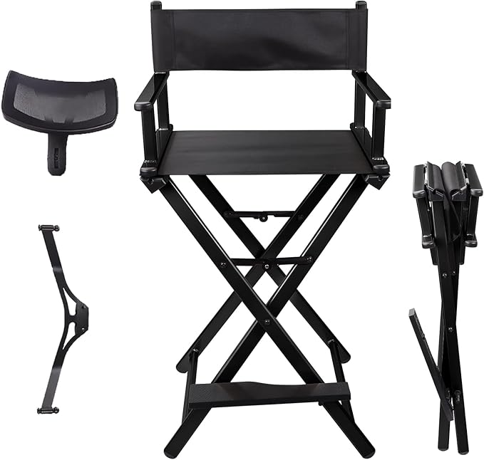 Lorvain Folable Makeup Artist Stool, Portable Tall Folding Director's Chair, Aluminum Makeup Chair with Head Rest for Studio Salon Vanity, Bar Height - Black