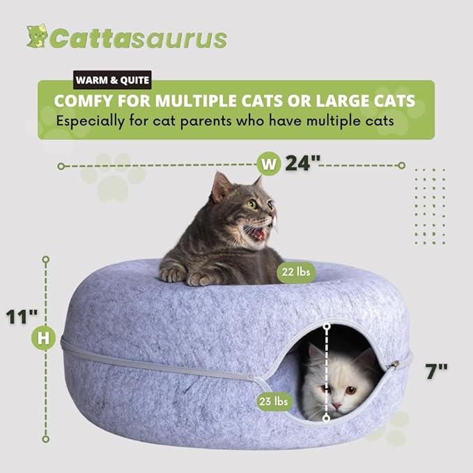 CATTASAURUS Peekaboo Cat Cave for Multiple & Large Cats Up to 30-45 Lbs, Scratch Detachable & Washable Tunnel Bed, Comfy Donut Cat Cave (Light Gray + Light Gray, Large)