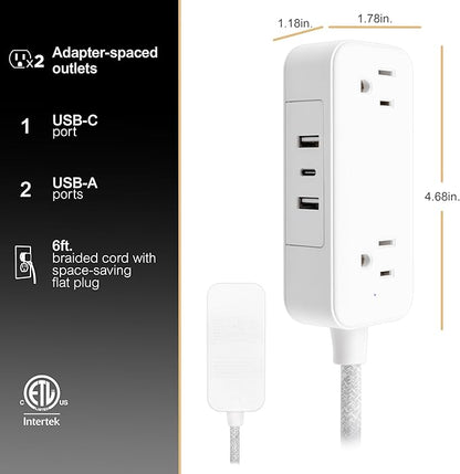GE Flat Plug Power Strip Extension Cord with USB Ports, Travel Power Strip with 2 Outlets 3 USB Ports, Cruise Ship Essentials, 6 Ft Braided Small Extension Cord Flat Wall Plug, ETL Listed White, 81597